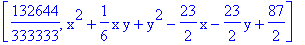 [132644/333333, x^2+1/6*x*y+y^2-23/2*x-23/2*y+87/2]